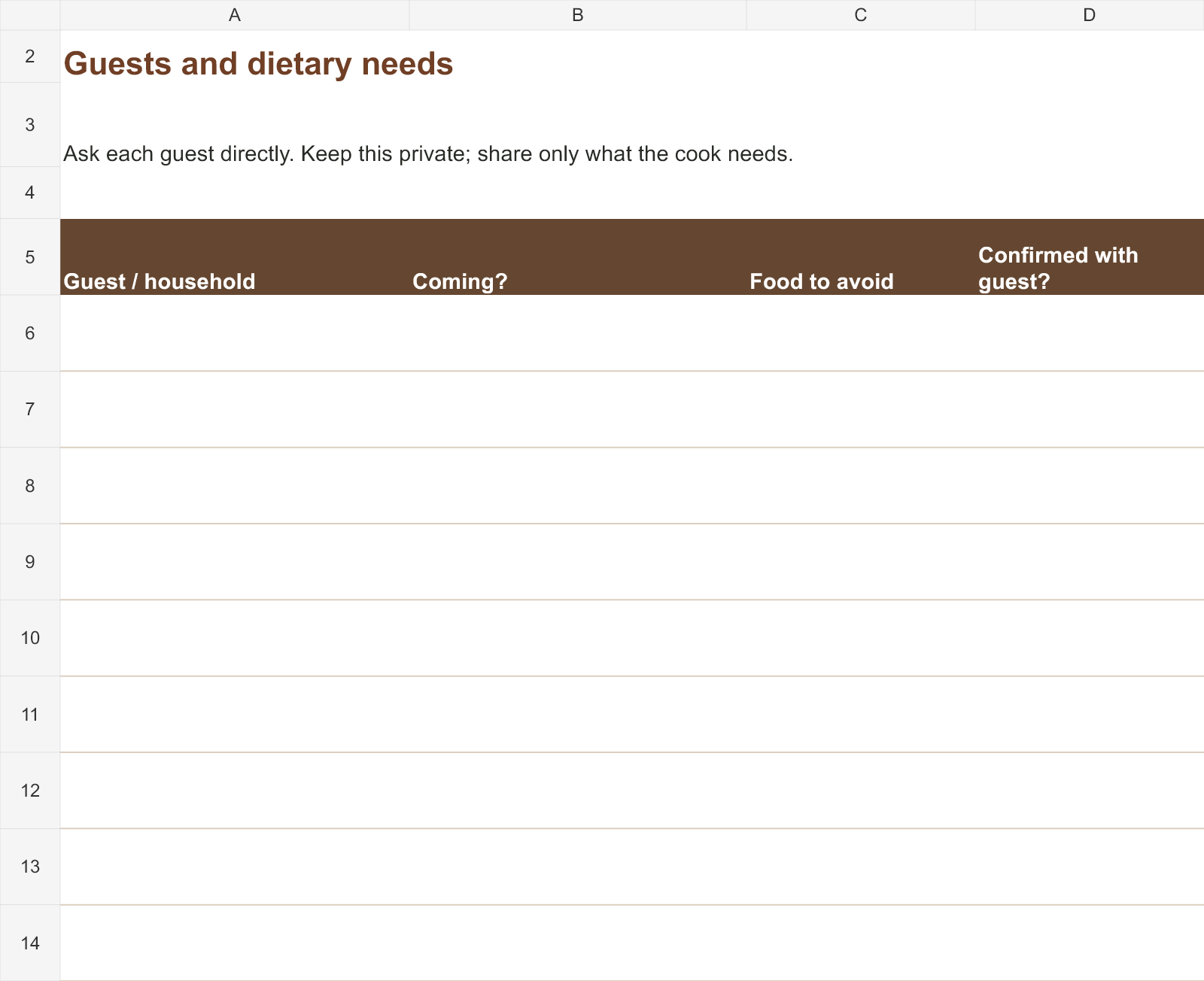 Actual contents of the free Guests and dietary needs workbook