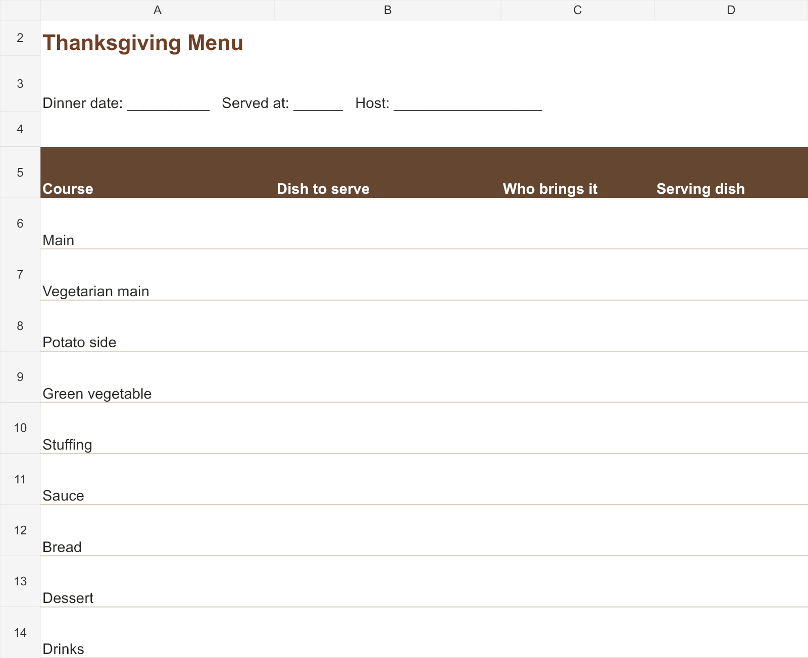 Actual contents of the free Thanksgiving Menu workbook