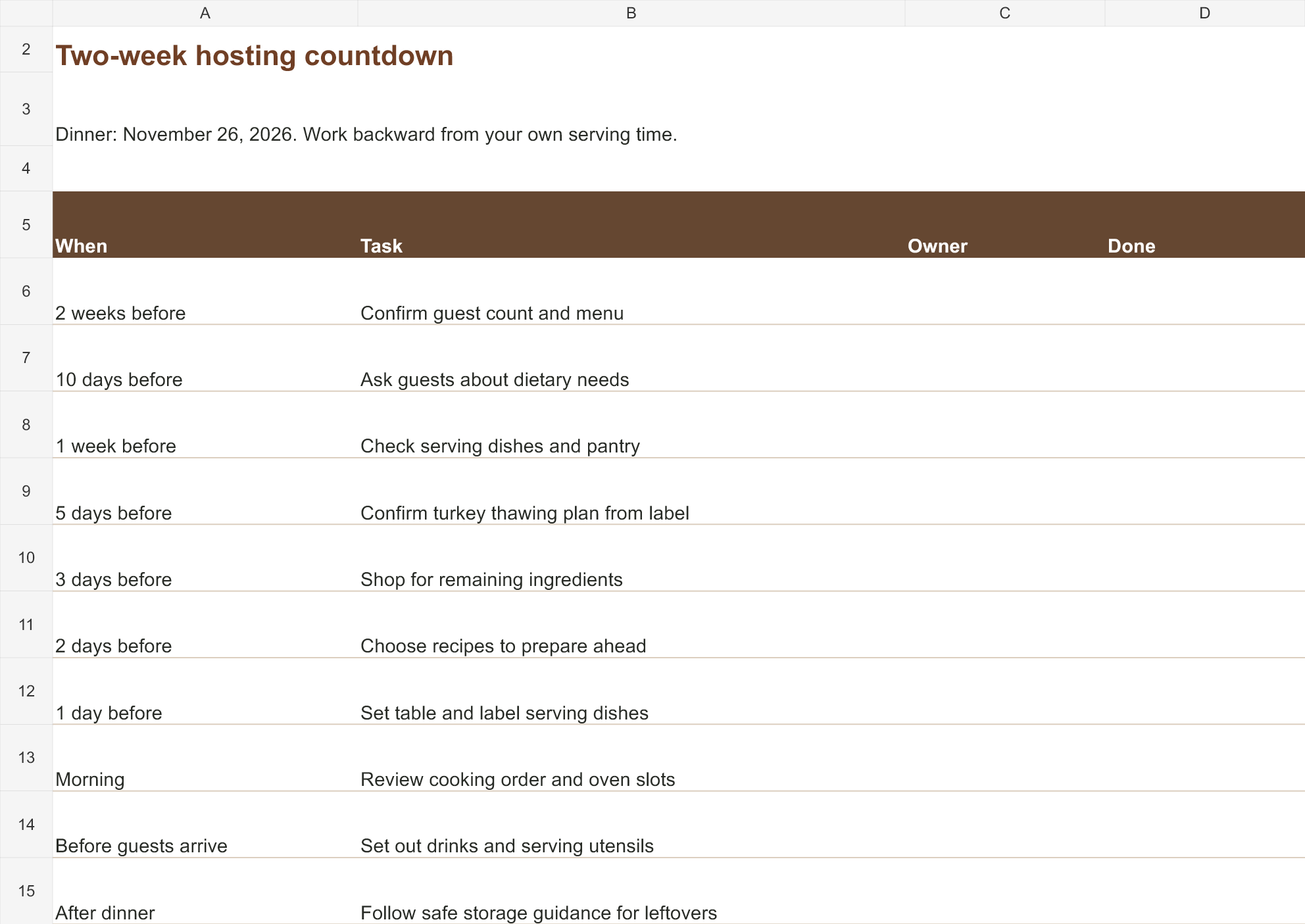 Actual contents of the free Two-week hosting countdown workbook
